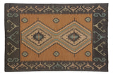 Vintage Stone Wash Dhurrie rug, gold field, geometric medallions, and dark grey border, 4x6.