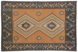 Charcoal geometric border and dusty gold stepped diamond pattern on vintage Dhurrie rug.