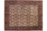 Vintage Indian Meshed carpet, ivory field, Rococo vinery, tree-of-life motifs, brick red and navy borders.