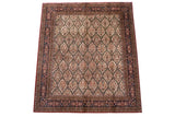Ivory field lattice panels with brick red tree-of-life motifs and a navy blue border.
