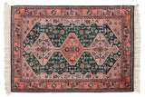 Vintage Indian Afshar design rug mat featuring triple cantaloupe melon medallions on a forest green field, 2x3.