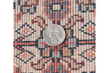 Geometric pile texture of vintage Indian Afshar design rug in ivory, navy, cantaloupe with coin for scale.