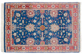 Vintage Indian Bijar design rug with sapphire blue field, sprawling palmettes, terracotta border.