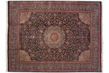Indian Ardebil carpet, navy blue field, roundel medallion, blush and ivory floral, 9'1