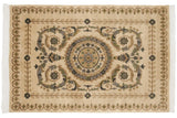 Embossed Savonnerie design rug with a roundel medallion and floral motifs in sage and sand.