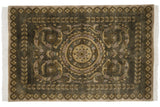 Corner of vintage Indian Savonnerie rug with embossed olive green germinating plant border.