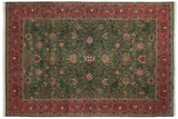Vintage Indian Meshed carpet, forest green field, elaborate scrolling floral design, brick red borders.