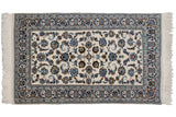 Vintage Indian Isfahan rug, ivory ground, navy blue, bronze palmettes and vines, 3'1
