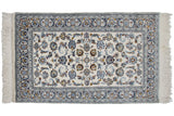 Intricate Isfahan design vintage rug in ivory, navy, dusty bronze, and rose. Detailed palmettes with full pile. 3'1