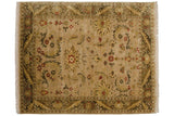 Vintage hand knotted Indian Arts and Crafts carpet, cream field, sprawling floral palmettes, green, red accents, 8x10.
