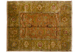 Vintage Agra square carpet in dusty rose and ochre green with large-scale palmettes and sprawling leaves.