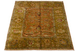 Hand-knotted Agra square carpet with a full, lustrous pile in dusty rose and ochre green.