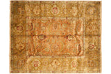 Vintage Agra square carpet with oversize palmettes and leaves in dusty coral and ochre green.