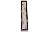 Art Deco runner lower corner, ivory field, vased plant, and cobalt floral border.