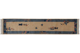 Vintage Art Deco runner with ivory field, vased plants, butterflies, and sky blue floral border.