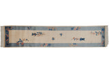 Chinese Art Deco runner with sky blue banded border, blue butterfly, and pink floral sprays.
