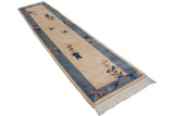 Angled view of Art Deco runner, ivory field with blue vased plants and butterflies.