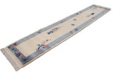 Vintage Chinese Art Deco runner, ivory field, blue border, floral sprays and butterflies.
