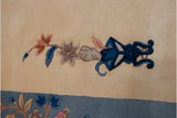 Art Deco rug detail: Ivory field with pink, blue, brown floral spray accent and blue border.