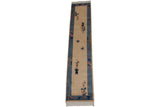 Vintage Chinese Art Deco runner: ivory field, vased plants, blue border, and butterflies.