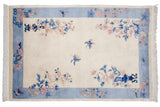 Chinese Art Deco carpet with ivory field, vased plants, blue butterflies, and sky blue border, 6x9.
