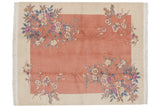 Vintage Art Deco carpet; diagonal blossoming branches, roses, and bare trees on dusty coral field with ivory border.