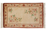 Vintage Contemporary Peking rug: ivory field, soft pink florals, cinnabar red meandering vine border, 3x5.