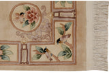 Peking rug fringe with perched lovebird, cinnabar flower, and mauve scrolling tendrils.