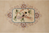 Vintage Peking rug with framed lovebirds, scrolling tendrils, and flowers in cream, mauve, green tones.