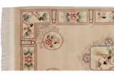 Upper left corner of Chinese Peking rug with original fringe and perched lovebirds.