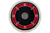 Detailed cherry red border featuring silver Chinese symbols and white fringe.