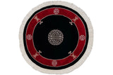 Peking round rug segment: cherry red border, light beige symbols, and cream fringe.