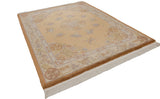 Vintage Peking carpet corner: pale copper outer border, floral scrolls, ivory fringe.