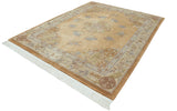 Peking carpet's pale copper field, highlighting the central roundel and table motifs.