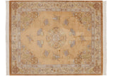 Peking carpet corner with floral scrolls, symbolic medallion, and pale beige tones.