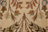 Close-up of blossomed branches in brown, sage, and powder blue on the full, cream wool pile.