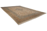 Vintage Tabriz carpet's full length displayed, highlighting its diamond medallion and scrolling floral sprays.