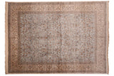 Vintage Tabriz carpet field detail, powder blue with deer, birds, and sprawling flora.