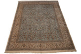 Vintage Tabriz carpet beige main border, cypress trees, deer, and powder blue field.