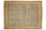 Vintage Tabriz carpet with a pictorial forest scene featuring deer and birds in powder blue and beige.