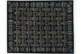 Vintage Indian Damask carpet with staggered floral motifs in platinum and burgundy on a black field.