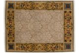 Hand-knotted vintage Indian Savonnerie design carpet, beige floral field, ornate gold border.