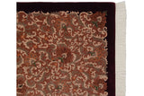 Rococo stylized vinery and floral detail with carved texture on vintage Indian rug, ivory fringe.