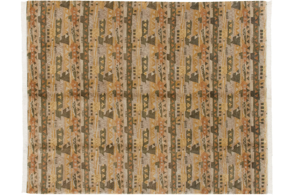 Vintage Indian Abstract carpet with primitive shapes, beige, olive, gold, and terracotta, 8' x 9'10