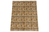 Abstract Indian carpet, layered mountain shapes in olive, gold, terracotta, with fringe.