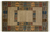 Hand-knotted 6x9 vintage Indian Abstract carpet, beige field, geometric border blue, red, bronze, olive.