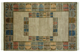 Indian abstract carpet with multi-panel design and abrashes in beige, denim blue, madder red.