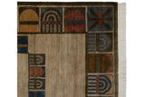 Ivory fringe, with multi-panel abstract design in denim blue, madder red, and dark bronze.