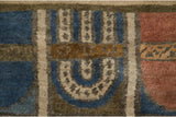 Abstract curvilinear denim blue motif with beige geometric patterns and bronze hues.