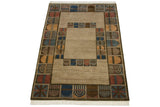Bottom right corner of abstract rug with denim blue, madder red, and bronze geometric border.